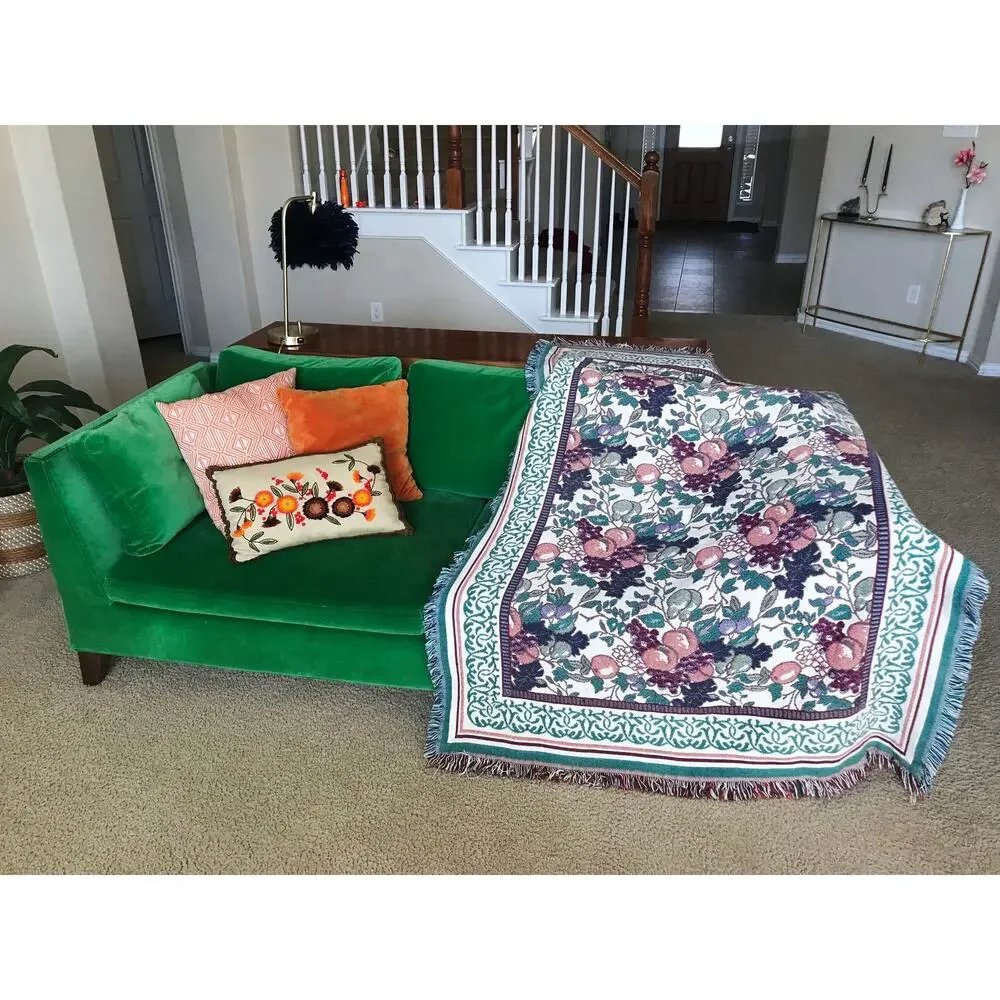 vintage 90s Reversible FRUIT PRINT plums, grapes, pears Fringe BLANKET afghan